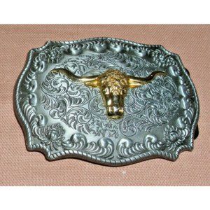 LARGE-SilverTone-Texas-Longhorn-Belt-Buckle-by-Jeans-Friend-Flower-pattern